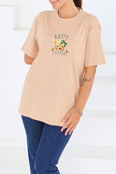 TOFİSA Μπλουζάκι με στάμπα και κοντά μανίκια, μπεζ - 27568