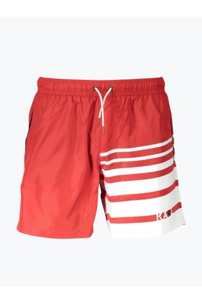 Karl Lagerfeld Men's mid-rise swim shorts with striped print, KL20MBM03, Red