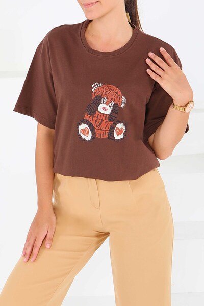 TOFİSA Μπλουζάκι με στάμπα και κοντά μανίκια καφέ - 27573