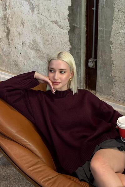 Madmext Plum Crew Neck Oversize Knitwear Sweater Mg1972