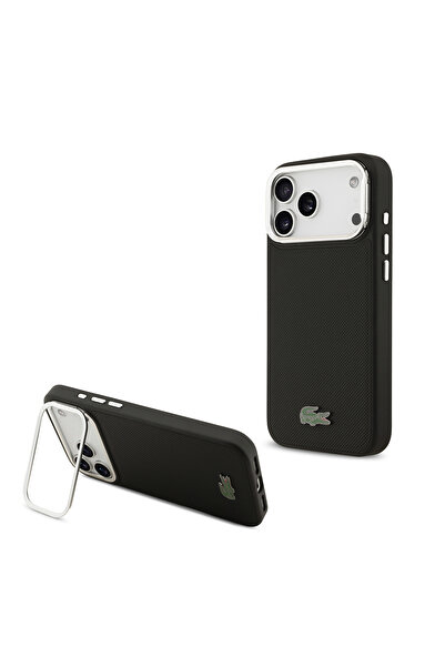 Lacoste iPhone 17 Pro Max Uyumlu  Kılıf Lisanslı M-safe Şarjlı PU Pike Desenli Standlı Metal Logolu Siyah