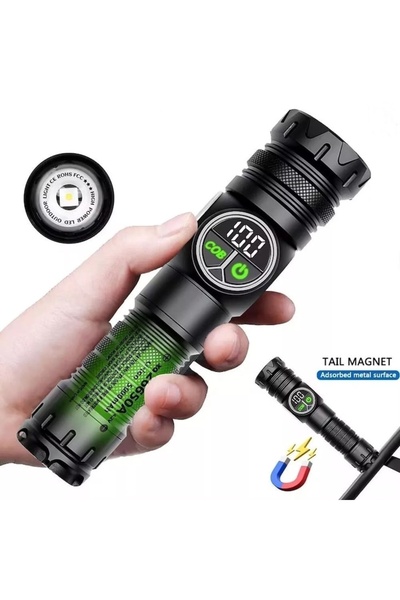 FOXMAG24 Φακός LED, 9 λειτουργίες, οθόνη μπαταρίας, επαναφορτιζόμενος USB-C, ...