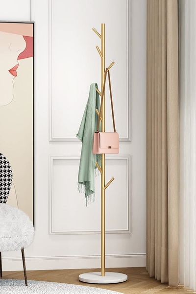 TOLIAHOME Metal İskeletli Ayaklı Askılık Elbise Askısı Portmanto (Beyaz-Gold)