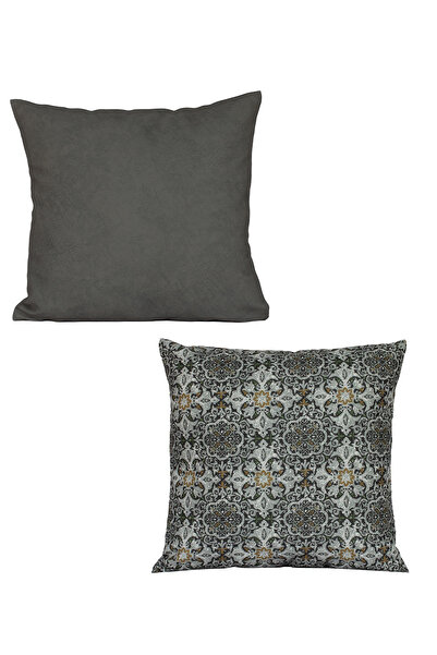 ASDİVA Dark Gray Velvety and Patterned Ethnic Throw Pillow Cover Set of 2 43×43cm