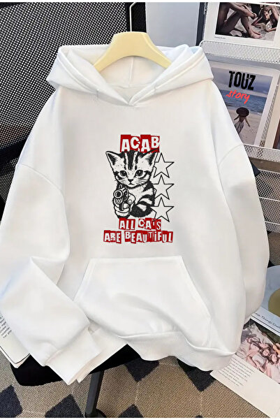 Touz Moda سويت شيرت بقلنسوة كبير الحجم مطبوع عليه قطة للجنسين