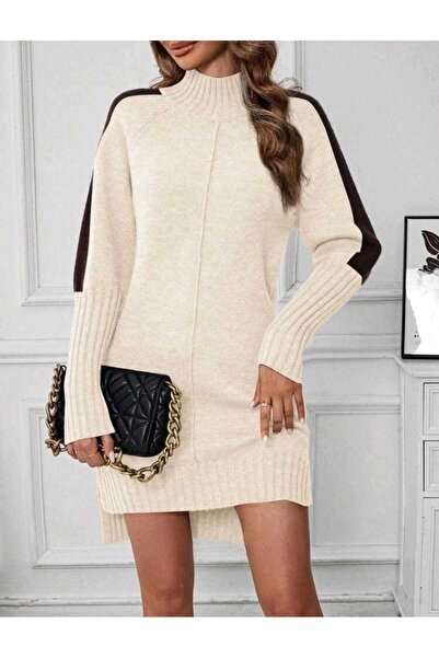 Bracha Half Turtleneck, Stripe Detail on the Sleeves, Double Slits, Short Front Long Back Model Knitwear Dress