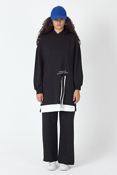 Basicpark Black Women's Skirt with Single Jersey Print Detail, Zipper Closure, Hooded Cotton Knitted Top and Bottom Set