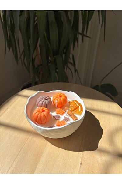 Handmade Pumpkin Themed Candle & Handmade Curved Textured Decorative Bowl