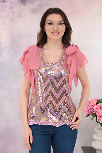 Vanessa Line RO Elegant pink blouse with sequins and bows on the sleeves