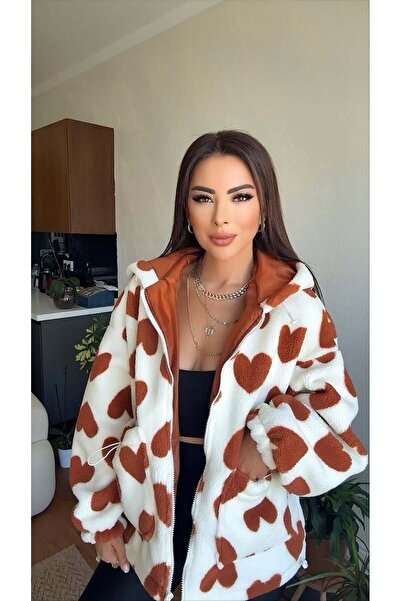 Great Fast Kadın Muse Kalp Desenli Kiremit Peluş Mont Standart Beden