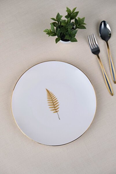 tabakevi Tabak Evi Porcelain Natura Fern Gold Gilded Cake Plate 20.50cm Single