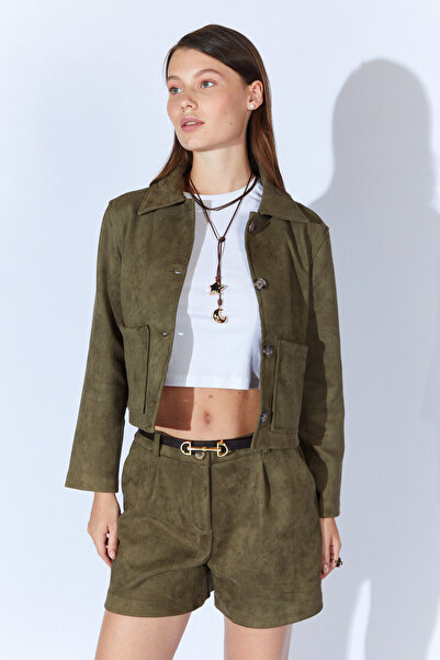 EDITION WOMAN Дамско късо суедно яке с нашити джобове - EK100351284