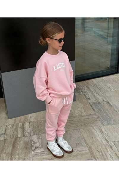Magu Girl's Cotton Pink Sweatshirt Tracksuit Bottom-Top Set