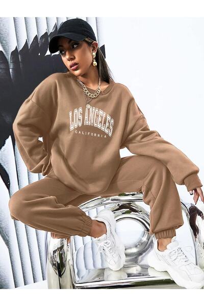 NoVibe طقم بدلة رياضية كبيرة الحجم مطبوعة بتصميم لوس أنجلوس كاليفورنيا