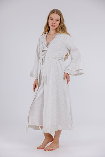 Lohusa Dünyasi Kadın Kum Beji Kruvaze Lohusa Hamile Gecelik-Sabahlık 2'li Set