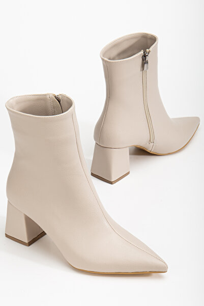 RİSSOLİ Kadın Bej Sivri Burun Yandan Fermuarlı Kalın Topuklu Bot