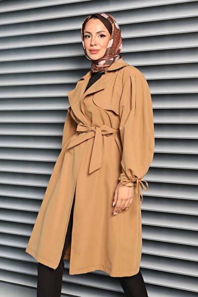 TOFİSA Kuşaklı Kol Ucu Bağcık Detaylı Miranda Trenç Vizon - 27604