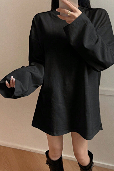 Tarz Cool Women's Black Loose Crew Neck Long Sleeve T-Shirt