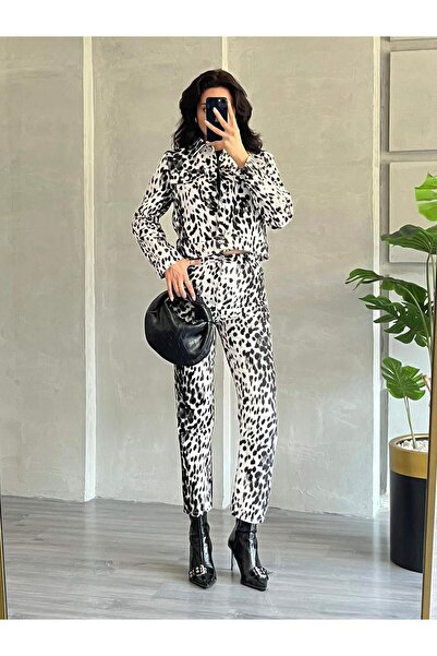 Coral Leopard Patterned Trousers Black