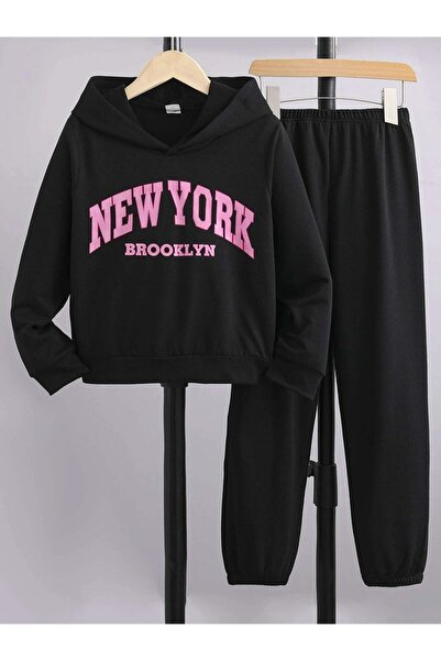 NoVibe Kids New York Brooklyn Pink Printed Black Hooded 3 Thread Tracksuit Set