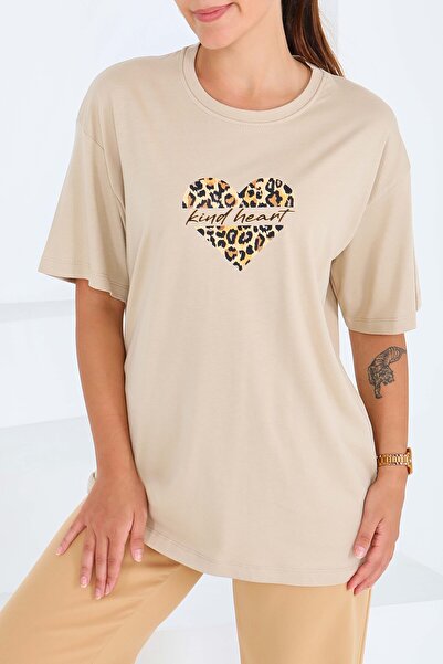 TOFİSA Μπλουζάκι με στάμπα και κοντά μανίκια, μπεζ - 27546