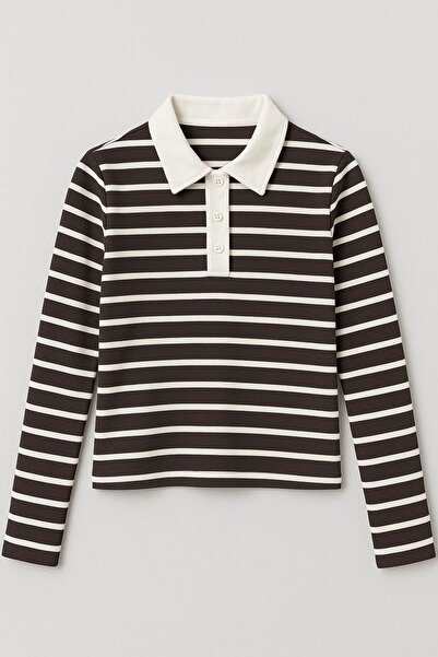 HAKKE Polo neck striped ribbed blouse