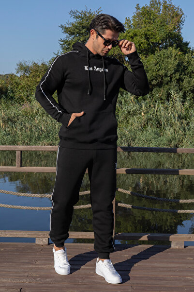 FRANCO RENZO Men's Black 3 Thread Ribbed Interlining Printed Cotton Tracksuit Set