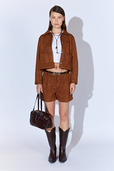 EDITION WOMAN Short Suede Women's Jacket with Coffee Pocket - Ek100351284