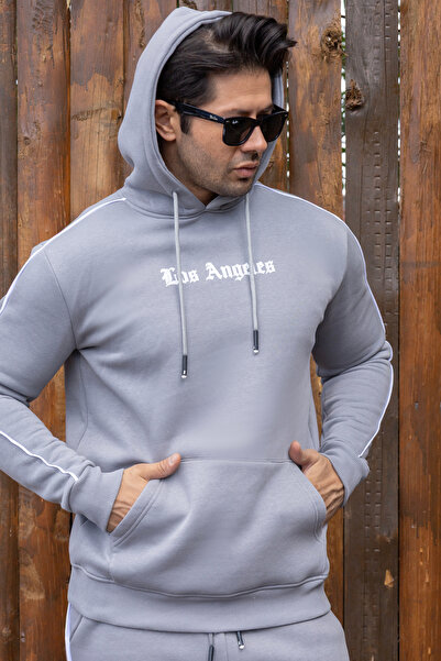 FRANCO RENZO Men's Gray 3 Thread Ribbed Interlining Printed Cotton Tracksuit Set