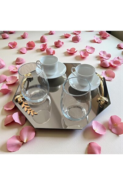 Online Home Market 2-Piece Promise or Engagement Ring, Gold-Silver Leaf-Shaped for Coffee Serving. Square-Hexagonal Shaped Glass Tray