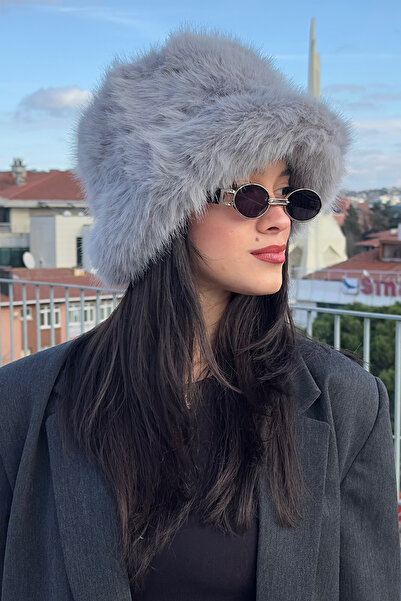 Mavelle Women's Gray Winter Bucket Hat |   Faux Fur Fashion Hat |   Russian Style Kalpak