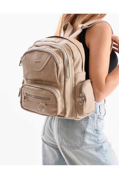 eflanmoda Mega Women's Cream Multi-Compartment Soft Leather Backpack