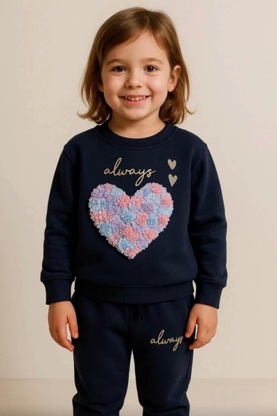 Kidmark Çocuk Modası Girl's 3D Floral Embroidered Navy Blue 100% Cotton Set