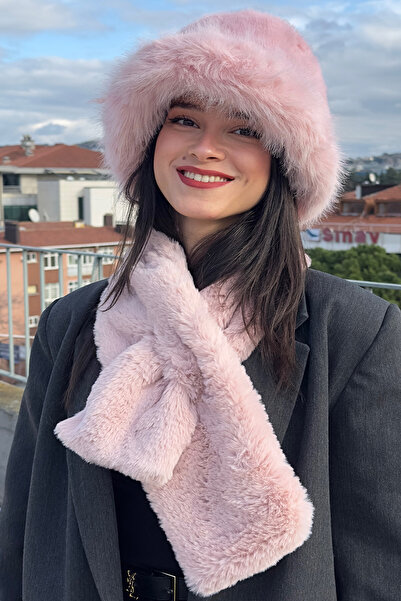 Mavelle Women's Pink Bucket Hat | Faux Fur Set of 2 | Women's Plush Hat Scarf Set