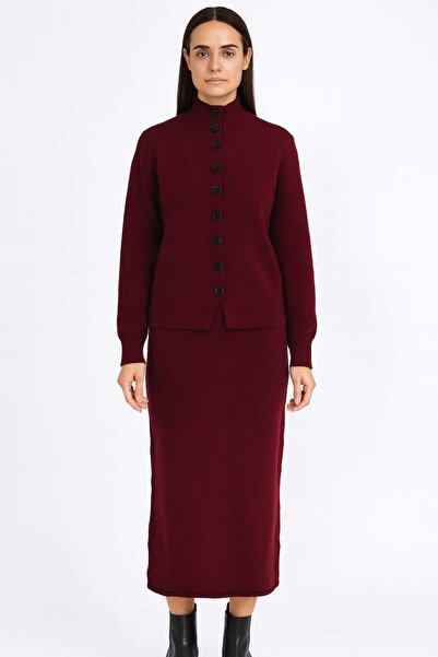 Maison La Femme Women's Knitwear Set Turtleneck Buttoned Jacket Long Skirt Bottom Top Knitwear Set