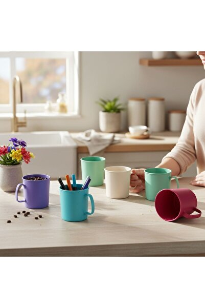HOLLYHOME 6 Adet Renkli Plastik Kulplu Kupa Bardak, Su Meşrubat Bardağı 300ml 8,5(h)x7,5cm