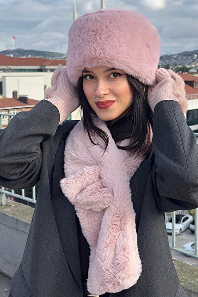 Mavelle Women's Pink Hat & Scarf & Gloves Set | Faux Fur Kalpak Ushanka Set
