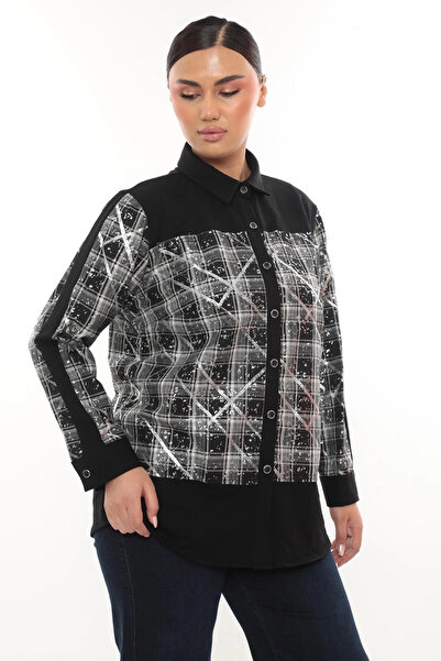 Lady Majestic Stylish Plaid Detailed Long Sleeve Plus Size Women's Shirt