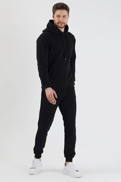 NoVibe Plus Size Hooded Bottom-Top Plain Black Tracksuit Set Black