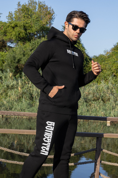 FRANCO RENZO Men's Black 3 Thread Ribbed Printed Cotton Tracksuit Set