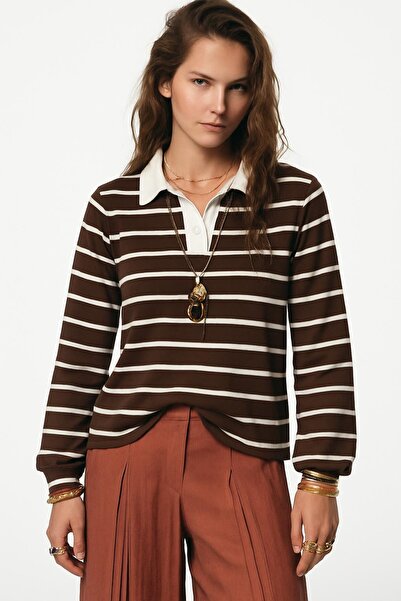 HAKKE Polo neck striped ribbed blouse