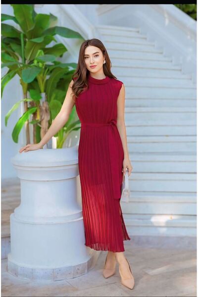 Karnaval Fashion Kadın Bordo Astarlı Piliseli Kemerli Şifon Elbise