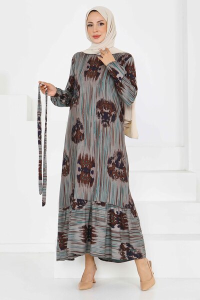 TOFİSA Desenli Kuşaklı Elbise Yesil - 27558