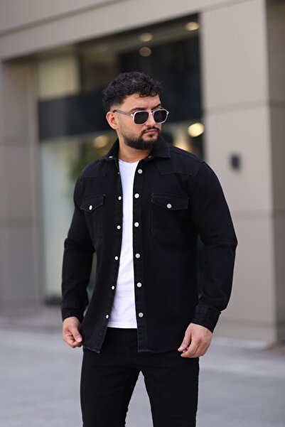 L-KOM Ανδρικό τζιν πουκάμισο Άνετο, με διπλές τσέπες, τζιν πουκάμισο με κουμπιά