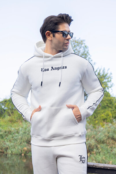 FRANCO RENZO Men's White 3 Thread Ribbed Interlining Printed Cotton Tracksuit Set