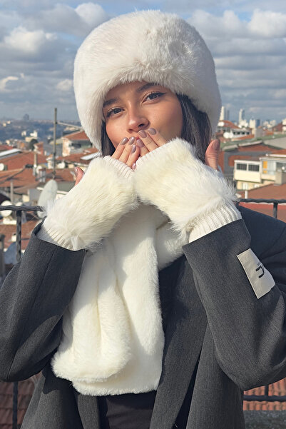 Mavelle Women's White Hat & Scarf & Gloves Set | Faux Fur Kalpak Ushanka Set