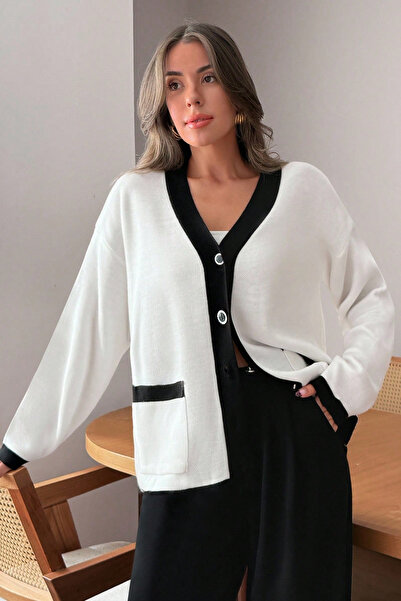 H&E LUXURY DESIGN Women's “White Black Ribbed V-Neck Soft Textured Pocketed Buttoned Knit Cardigan”