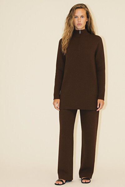 HAKKE Yakası Fermuarlı Tunik Ve Pantolon İkili Triko TAKIM