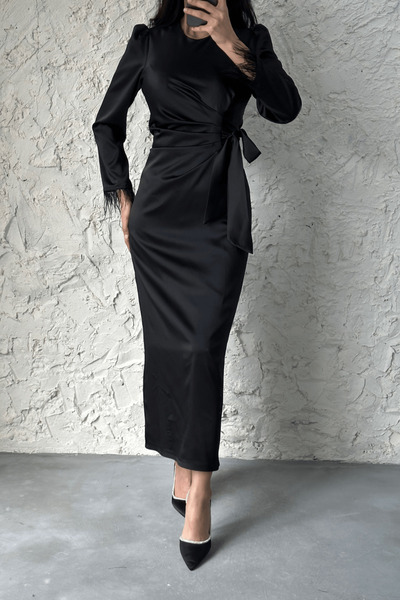 leyuze Kolu Tüylü Kalem Saten Tesettür Abiye Siyah