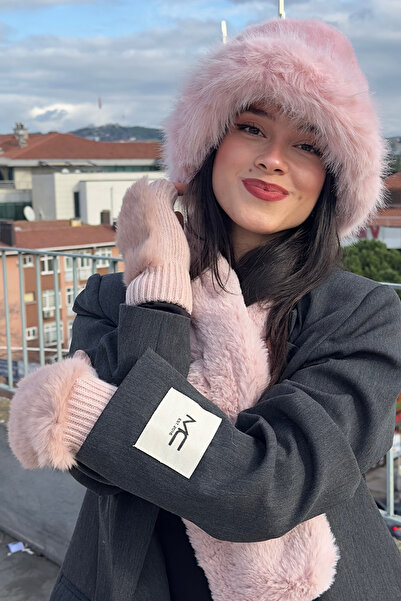 Mavelle Women's Pink Winter Plush 3-Piece Set | Faux Fur Bucket Hat | Plush Scarf Gloves Set